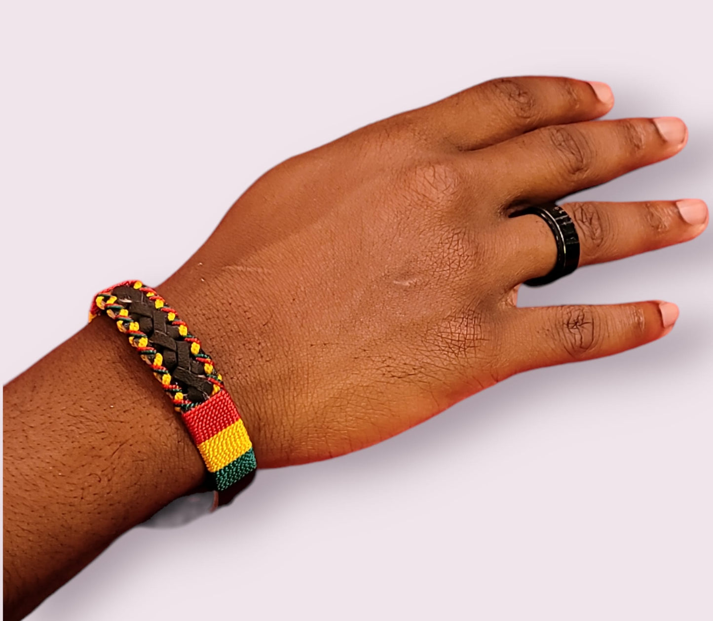 Jamaican Theme Leather and String Bracelet.